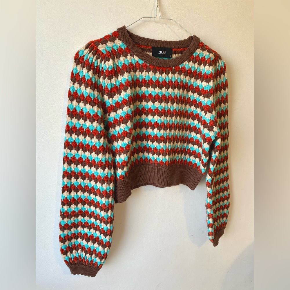 Cider Brown Red Teal Patterned Cropped Sweater